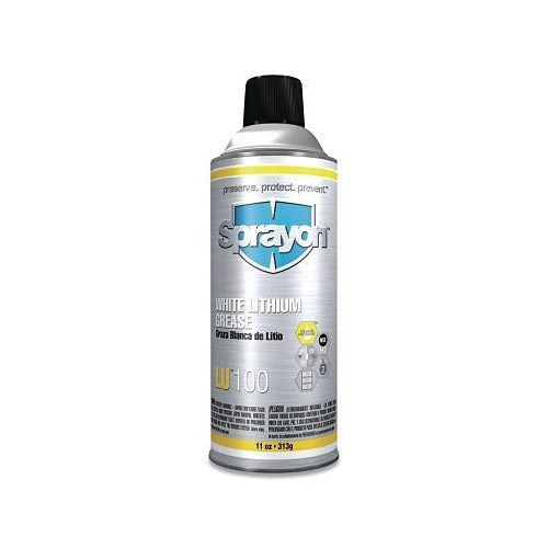 Sprayon LU100 white lithium grease aerosol, 11 oz, silver and yellow spray can with white lithium grease label