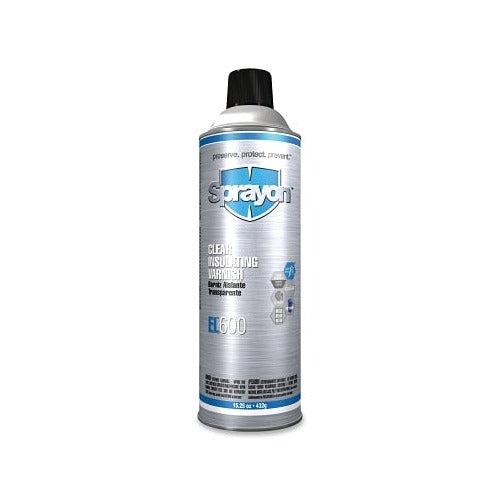 Sprayon EL600 clear insulating varnish aerosol can, 15.25 oz, silver and blue label, black cap, electrical insulator