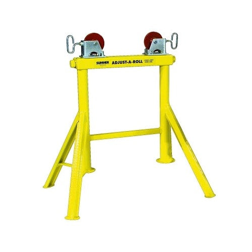 Sumner Hi Adjust-A-Roll pipe stand, yellow steel frame, dual aluminum wheels on top, adjustable height, 2000 lb cap