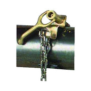Sumner Max-Jax chain hold-down device mounted on pipe, gold-zinc bracket with steel chain for pipe alignment