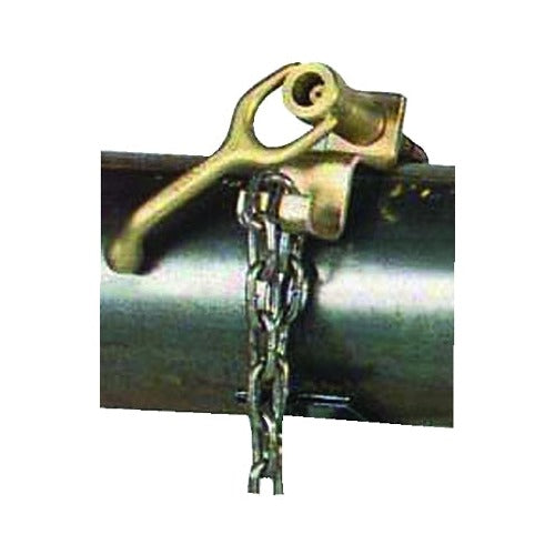 Sumner Max-Jax chain hold-down device mounted on pipe, gold-zinc bracket with steel chain for pipe alignment