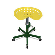 Sumner welder's stool 15-22 in adjustable height, yellow tractor seat on green steel 5-leg rolling base, 300 lb cap