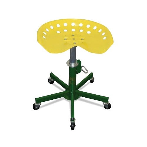 Sumner welder's stool 15-22 in adjustable height, yellow tractor seat on green steel 5-leg rolling base, 300 lb cap