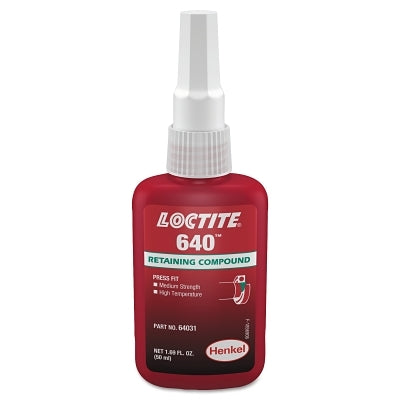 640 Retaining Compound, Med Strength/High Temp, 50 mL Bottle, Green, 3000 psi