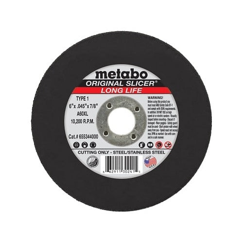 Metabo Original Slicer cutting wheel, 6 in dia, 0.045 in thick, 7/8 in arbor, Type 1 A60XL steel stainless disc