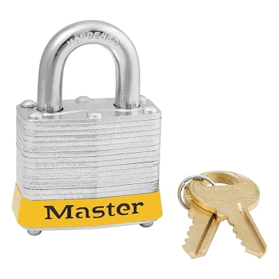 No. 3 Laminated Steel Padlock, 9/32 in dia, 5/8 in W x 3/4 in H Shackle, Silver/Yellow, Keyed Different, Varies
