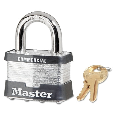 No. 5 Laminated Steel Padlock, 3/8 in dia x 15/16 in W x 1 in H Shackle, Silver/Gray, Keyed Alike, Keyed A112