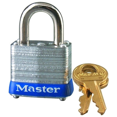 No. 7 Laminated Steel Padlock, 3/16 in dia, 1/2 in W x 9/16 in H Shackle, Silver/Blue, Keyed Different