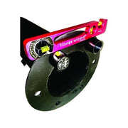 Flange Wizard level and aligner red anodized body with degree scale and vials mounted on black pipe flange