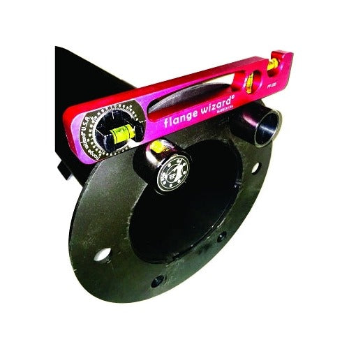 Flange Wizard level and aligner red anodized body with degree scale and vials mounted on black pipe flange