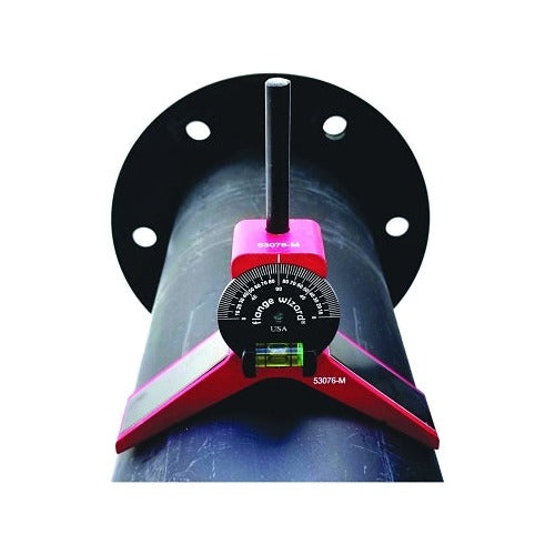 Flange Wizard magnetic centering head medium 6 in and larger pipe red body degree scale vial mounted on large pipe flange