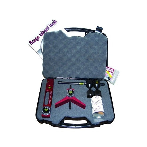 Flange Wizard Pipe Magician open hard case with centering head level two hole pins wrap accessories flange tool kit