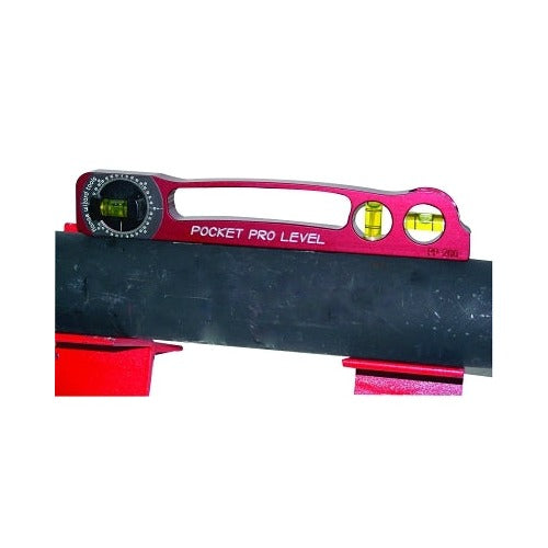Flange Wizard Pocket Pro Level 9 in magnetic red anodized aluminum body 3 vials degree scale on pipe