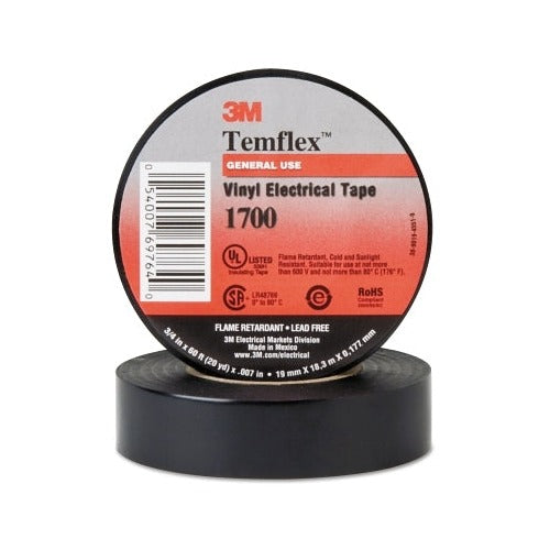3M Temflex 1700 vinyl electrical tape, 3/4 in x 60 ft, black roll, flame retardant electrical tape