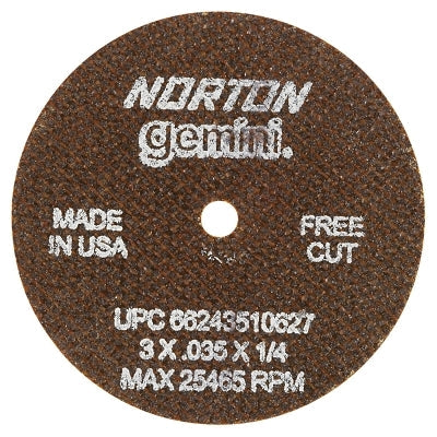 Gemini Type 1 Reinforced Cut-Off Wheel, 3 in dia, 0.035 in Thick, 1/4 in Arbor, 60 Grit, Aluminum Oxide