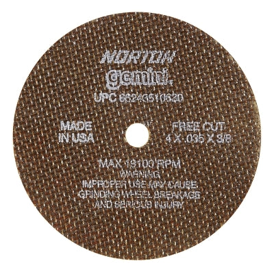 Gemini Type 1 Reinforced Cut-Off Wheel, 4 in dia, 0.035 in Thick, 3/8 in Arbor, 60 Grit, Aluminum Oxide