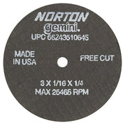 Gemini Type 1 Reinforced Cut-Off Wheel, 3 in dia, 1/16 in Thick, 1/4 in Arbor, 36 Grit, Aluminum Oxide