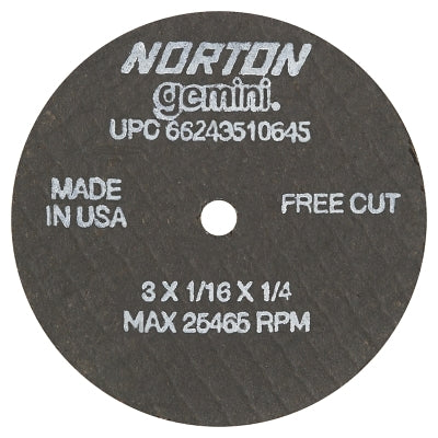 Gemini Type 1 Reinforced Cut-Off Wheel, 3 in dia, 1/16 in Thick, 1/4 in Arbor, 36 Grit, Aluminum Oxide