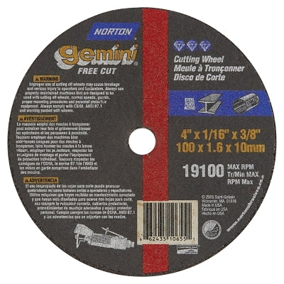 Gemini Type 1 Reinforced Cut-Off Wheel, 4 in dia, 1/16 in Thick, 3/8 in Arbor, 36 Grit, Aluminum Oxide