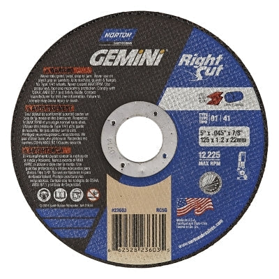 Gemini RightCut Right Angle Cut-Off Wheel, Type 01/41, 5 in dia x 0.045 in Thick x 7/8 in Arbor, 25 EA/BOX