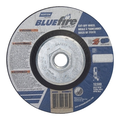 Bluefire Type 27 RightCut Cutoff Wheel, 4-1/2 in dia, 1/16 in Thick,  5/8 in -11 Arbor, 36 Grit