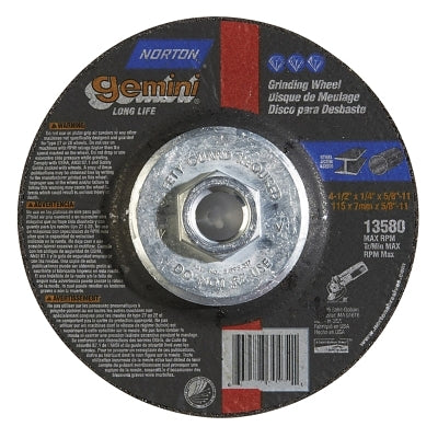 Gemini Type 27 Grinding and Cutting Wheel, 4-1/2 in dia x 1/4 in T x 5/8 in-11 Arbor Hole, AO