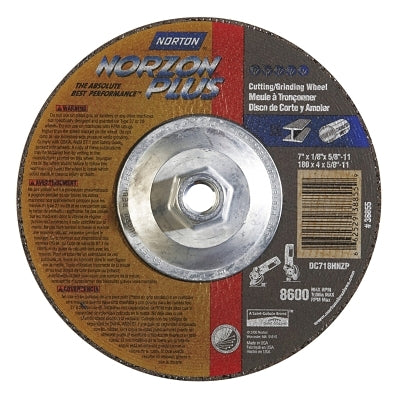 Type 27 NorZon Plus Depressed Center Wheel, 7 in dia, 1/8 in Thick, 5/8 in Arbor, 24 Grit
