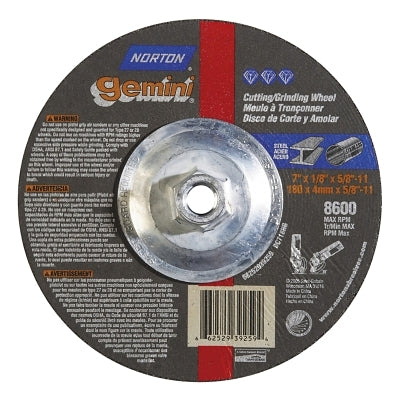 Gemini Depressed Center Wheel, 7" Dia, 1/8" Thick, 5/8" Arbor, 24 Grit