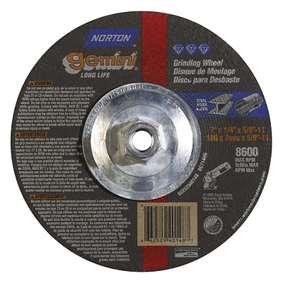 Gemini Depressed Center Wheel, 7" Dia, 1/4" Thick, 5/8" Arbor, 24 Grit