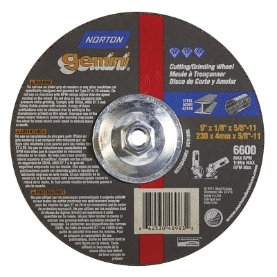 Gemini Depressed Center Wheel, 9" Dia, 1/8" Thick, 5/8" Arbor, 24 Grit