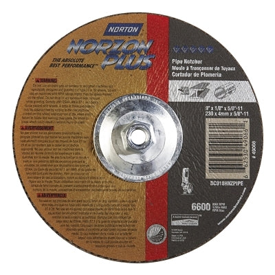 Type 27 NorZon+ Depressed Center Wheel, 9" Dia, 1/8" Thick, 5/8"-11, Pipe Notch