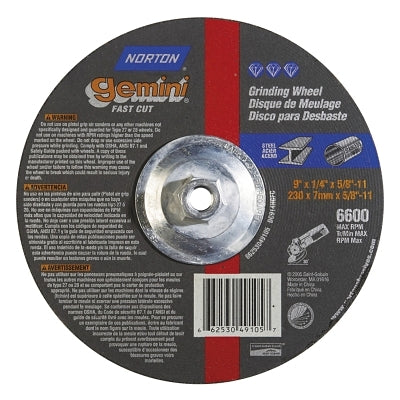 Gemini Depressed Center Wheel, FastCut, 9" Dia, 1/4" Thick, 5/8" Arbor
