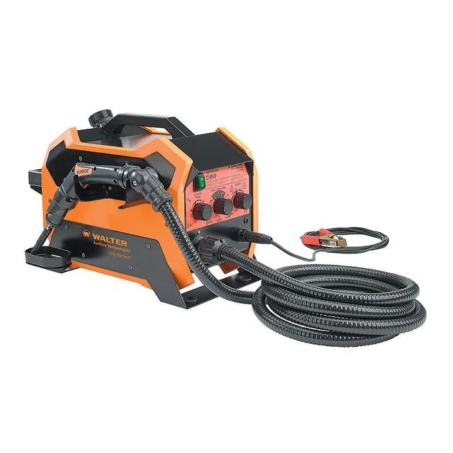 Walter Surfox 205 54D215 weld cleaning system orange black portable unit flex hose red ground clamp, weld cleaner