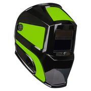 Black and green welding helmet on a white background