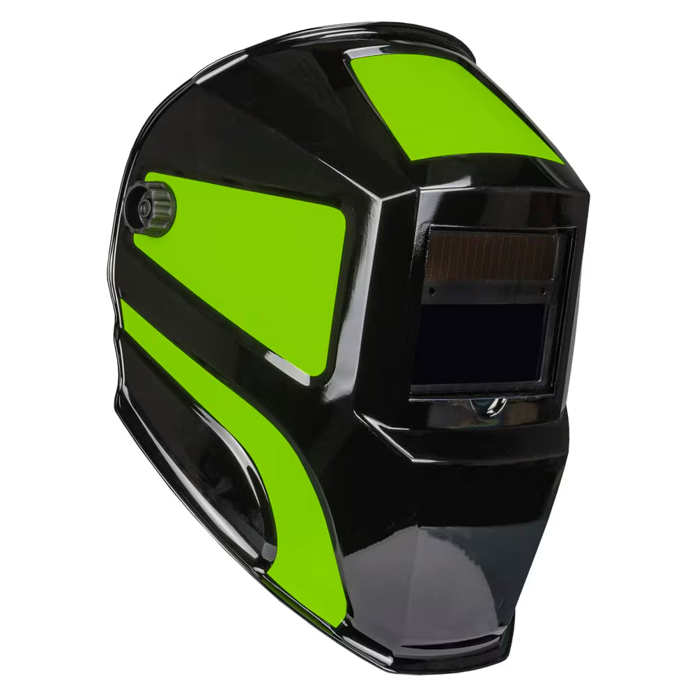 Black and green welding helmet on a white background