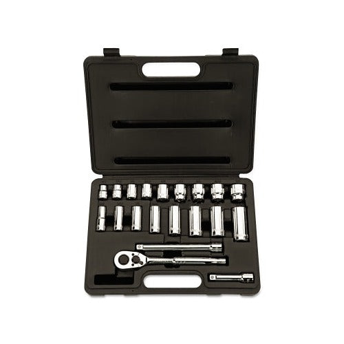 Stanley 20-piece socket set 3/8 in drive standard and deep 12-point chrome with ratchet in case socket set