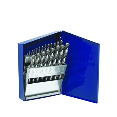 High Speed Steel Drill Bit Sets, 1/16 in - 3/8 in Cut Dia., Metal Case, 21/Set