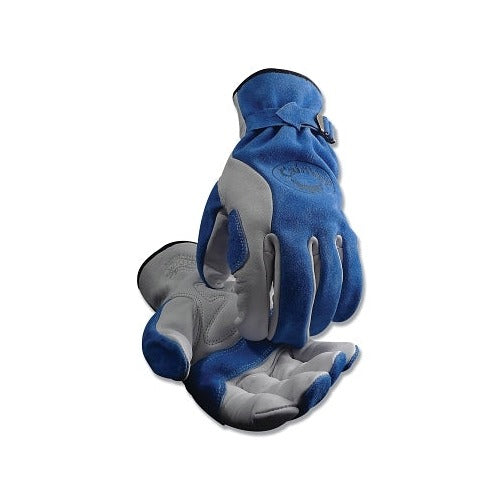 Caiman 1302 top grain cow leather driver gloves, large, unlined, blue and gray, pair of work gloves