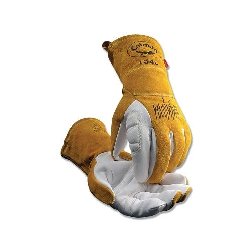 Caiman 1540 Revolution TIG welding gloves goat grain palm cowhide cuff medium gold and pearl white leather