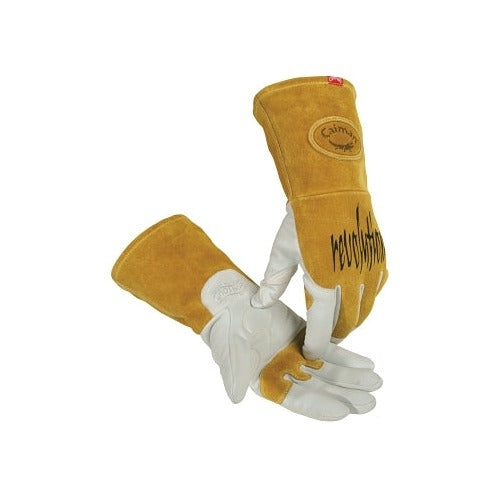 Caiman 1868 revolution TIG/MIG welding gloves, goat grain palm, gold split leather back, white palm, 4 in cuff