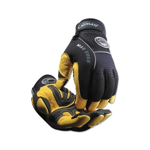 Caiman MAG 2956 gold grain leather palm gloves XL black mesh back gold deerskin palm reinforced fingertips work gloves