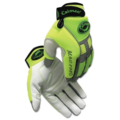 2980 Goat Grain Hi-Vis Reflective Back Knuckle Protection Mechanics Gloves, Neoprene, Medium, Hi-Vis Lime Green