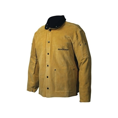 Caiman Boarhide gold leather welding jacket large snap-front black collar full-length sleeves welding coat