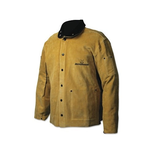 Caiman Boarhide welding jacket 2XL, gold boar leather full coat with snap closures, black collar, welding protective coat
