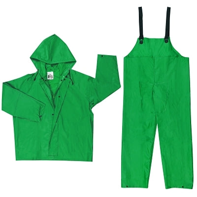 Two-Piece Rain Suit, Jacket w/Hood, Bib Pants, 0.42 mm PVC/Poly, Green, Large