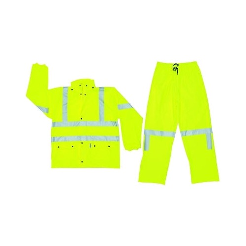MCR Safety Luminator Class III rain suit, fluorescent lime 0.4 mm polyurethane jacket and pants with silver reflective tape