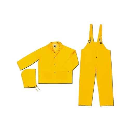MCR Safety Classic Series FR 3-piece rain suit, yellow PVC polyester, jacket with hood and bib overalls, snap close