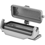 Badass Remote base with latching mechanism, gray industrial connector housing with hinged cover and latch clip