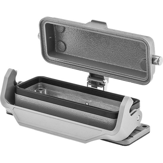 Badass Remote base with latching mechanism, gray industrial connector housing with hinged cover and latch clip