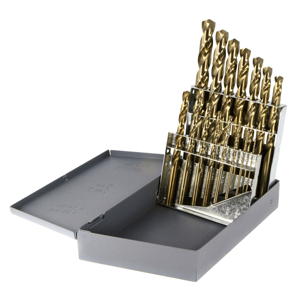 DRILLCO 15-piece cobalt drill bit set 1/16-1/2 in gold-finish bits in gray metal case drill bit set
